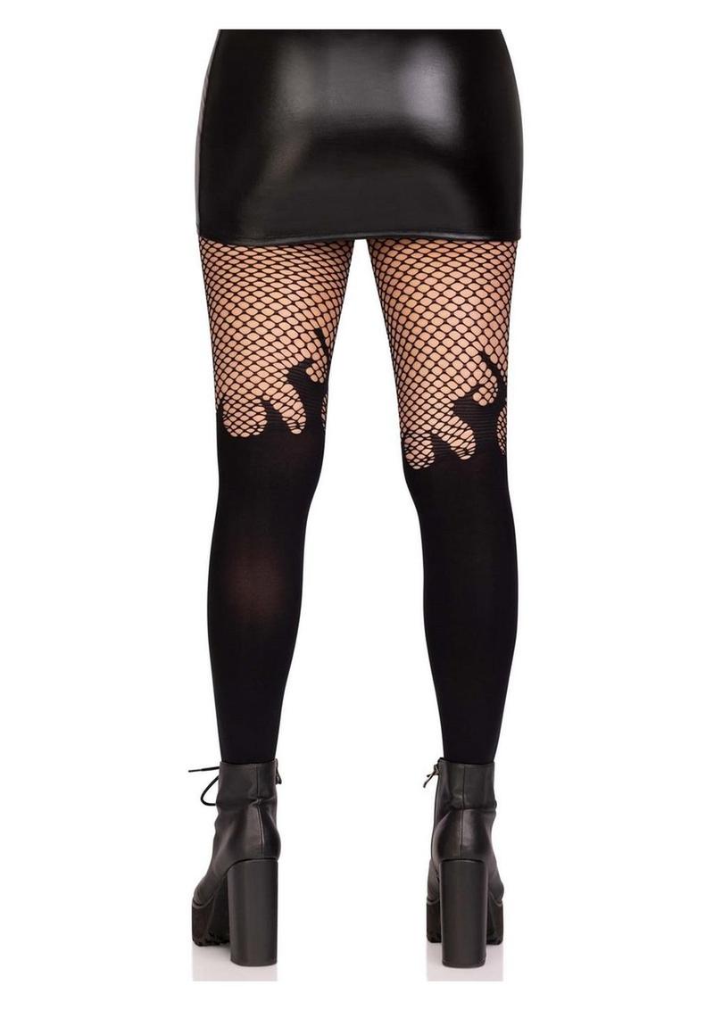 Leg Avenue Opaque Flame Tights with Fishnet Top - Black - One Size