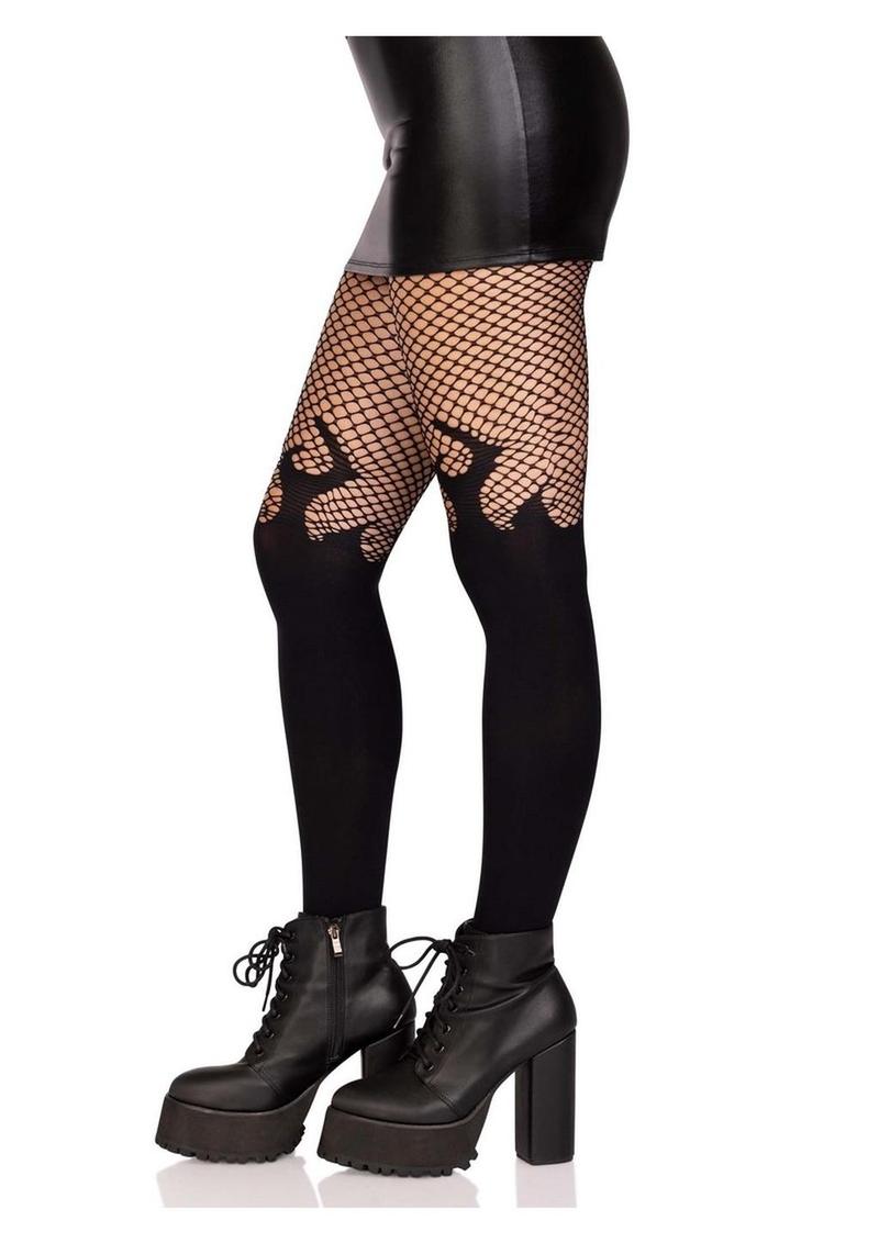 Leg Avenue Opaque Flame Tights with Fishnet Top