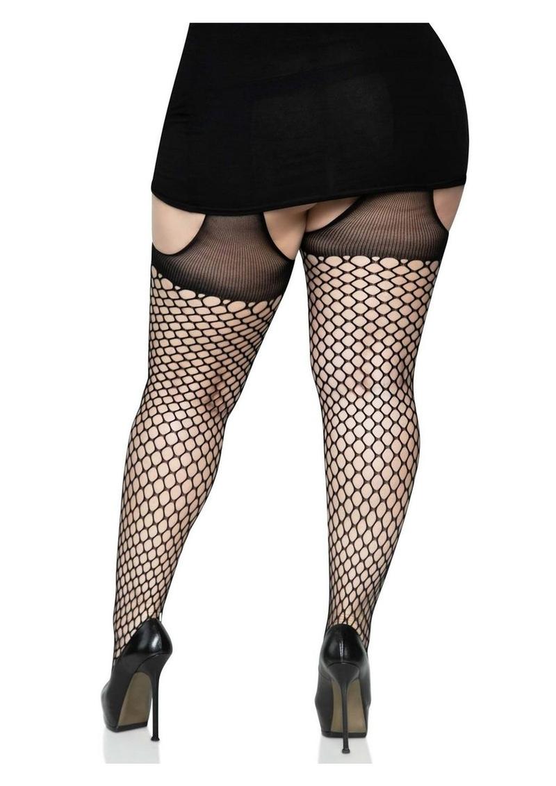 Leg Avenue Oval Net Suspender Hose with Opaque Top - Black - Queen/XLarge/XXLarge