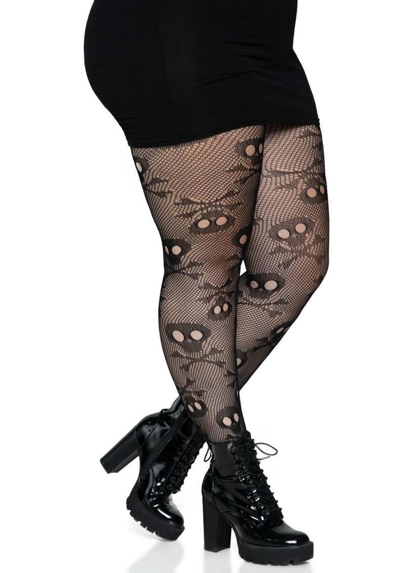 Leg Avenue Pirate Booty Skull Net Pantyhose - Black - Queen/XLarge/XXLarge