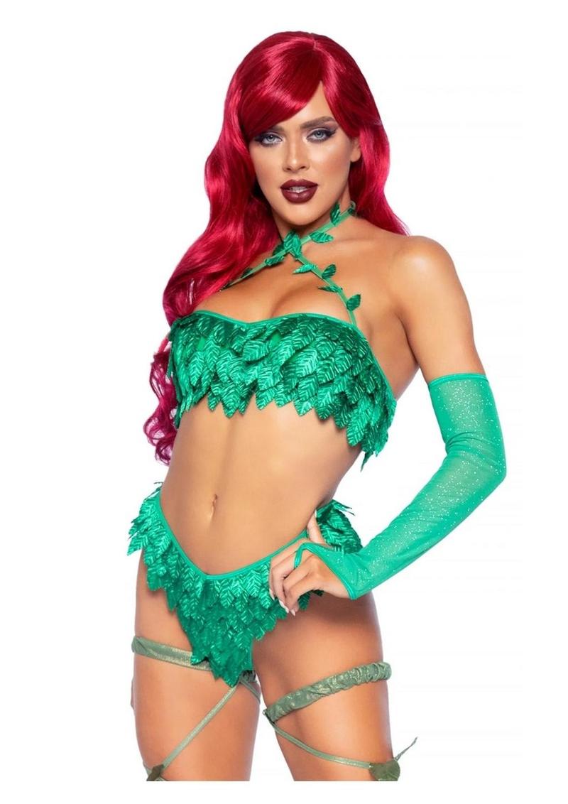 Leg Avenue Poison Temptress Leafy Halter Top with Corset Lace Up Back, Leafy Panty, and Sleeves - Green - XSmall - 3 Piece