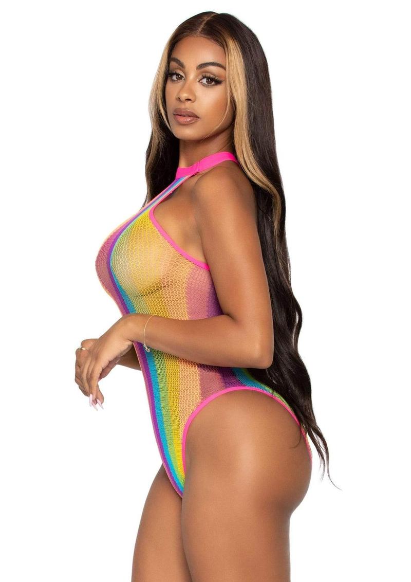 Leg Avenue Rainbow Striped Net Halter Bodysuit with Snap Crotch - Multicolor