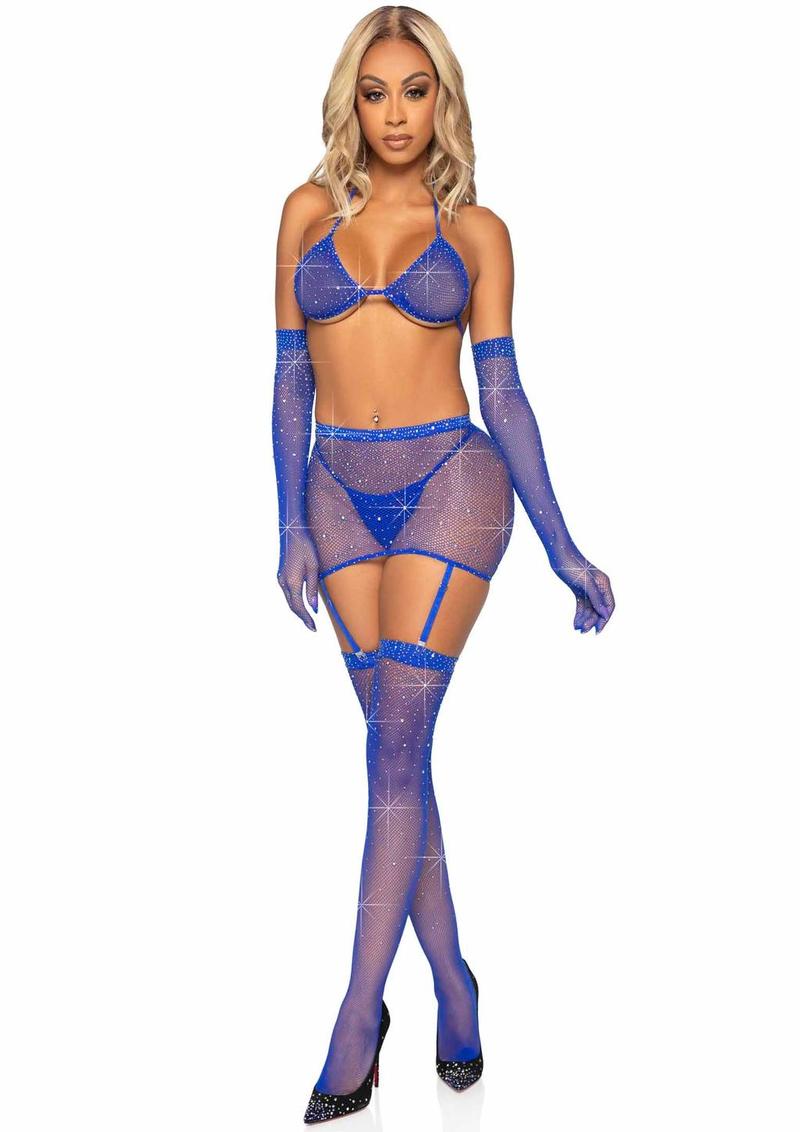 Leg Avenue Rhinestone Fishnet Garter Skirt Set with Bikini Top, G-String, Gloves and Matching Stockings