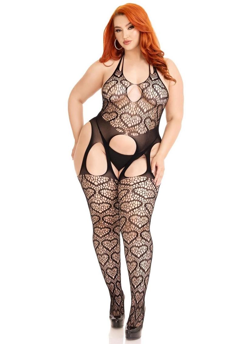 Leg Avenue Seamless Heart Net Suspender Bodystocking - Black - Queen/XLarge/XXLarge