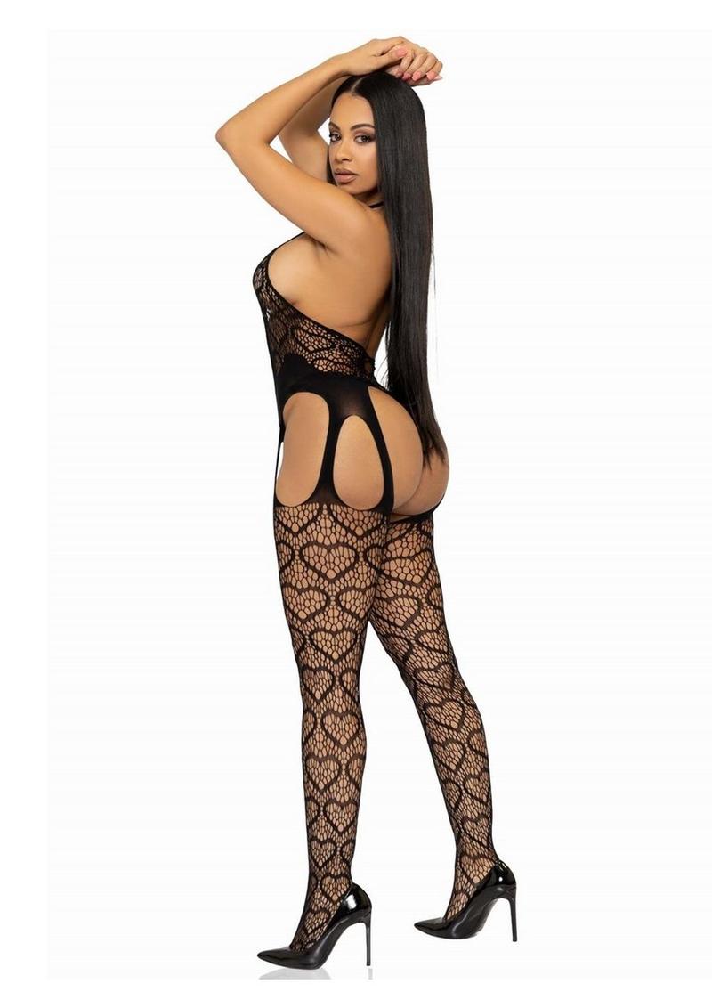 Leg Avenue Seamless Heart Net Suspender Bodystocking - Black - One Size