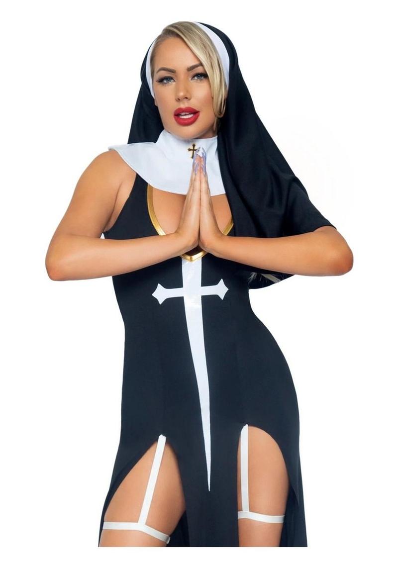 Leg Avenue Sultry Sinner Dual Slit Garter Dress with Vinyl Cross Detail, Vinyl Collar, and Nun Habit