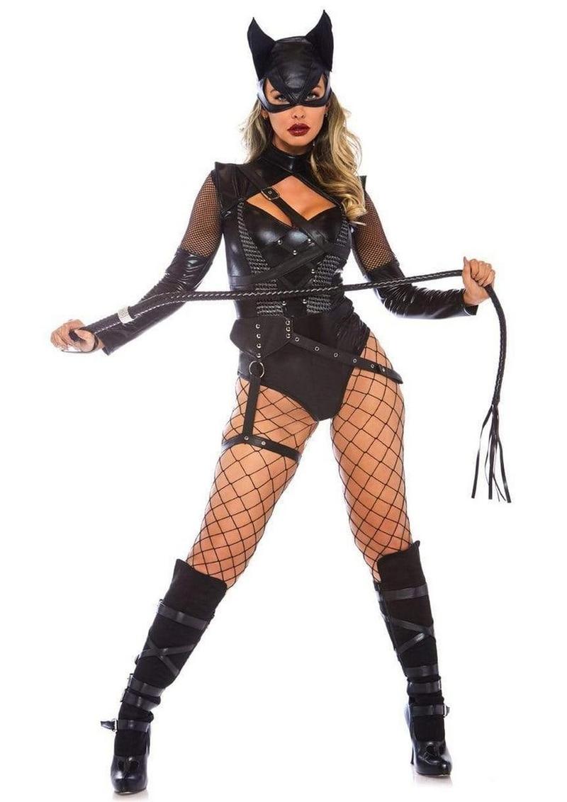 Leg Avenue Villainess Vixen Spandex Strappy Bodysuit with O-Ring Attached Garter and Matching Hooded Mask - Black - Large - 2 Piece