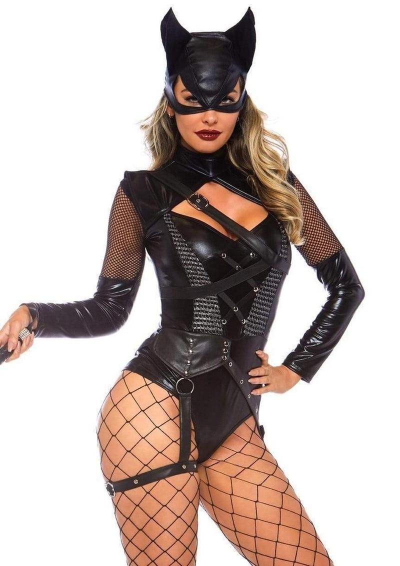 Leg Avenue Villainess Vixenspandex Strappy Bodysuit with O-Ring Attached Garter and Matching Hooded Mask