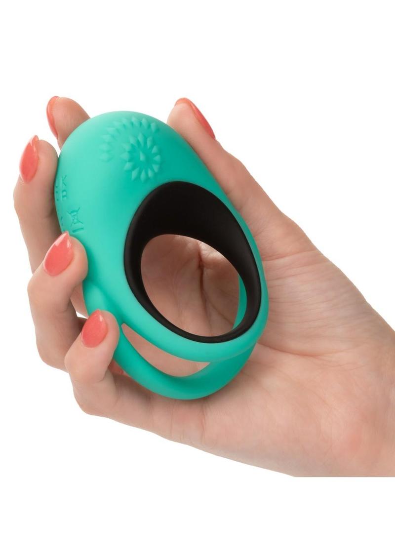 Link Up Remote Alpha Rechargeable Silicone Dual Stimulating Cock Ring with Remote Control - Black/Green