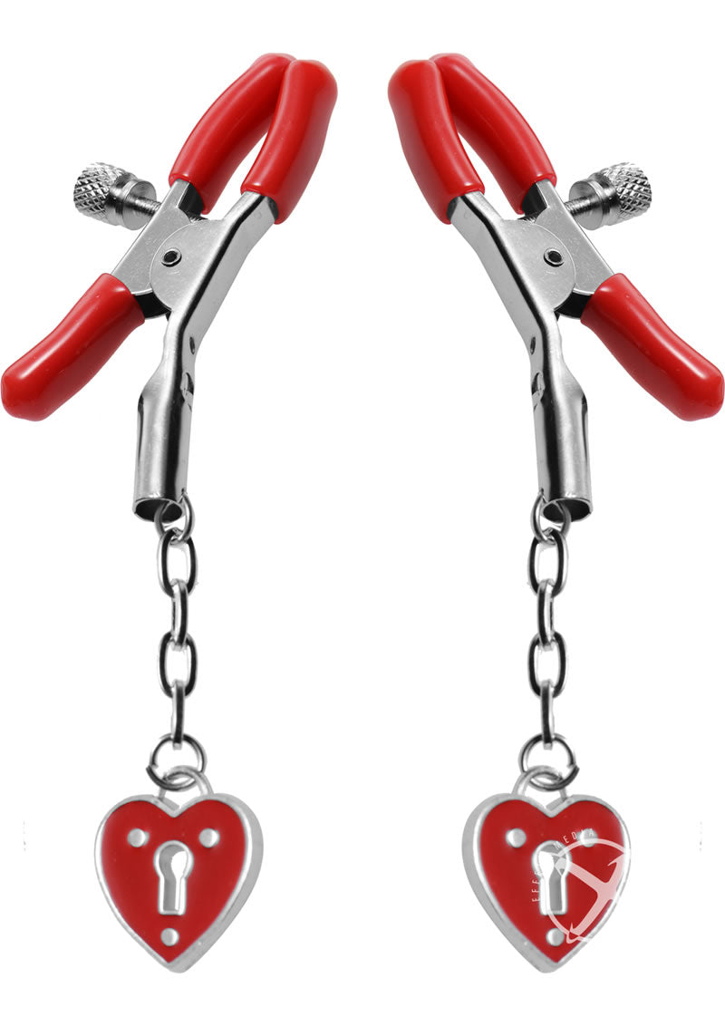 Master Series - Crimson Tied Charmed Heart Padlock Nipple Clamps