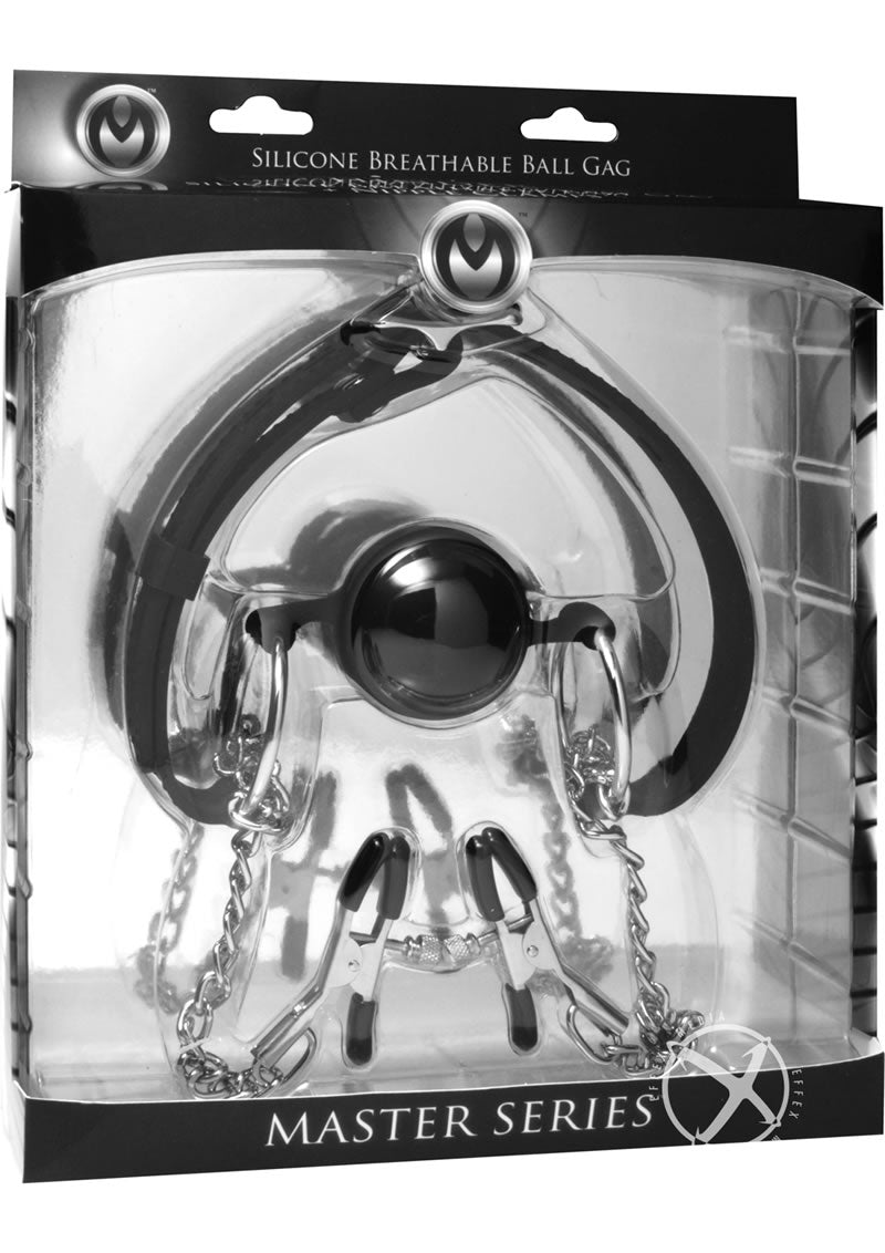 Master Series Hinder Breathable Silicone Ball Gag with Nipple Clamps