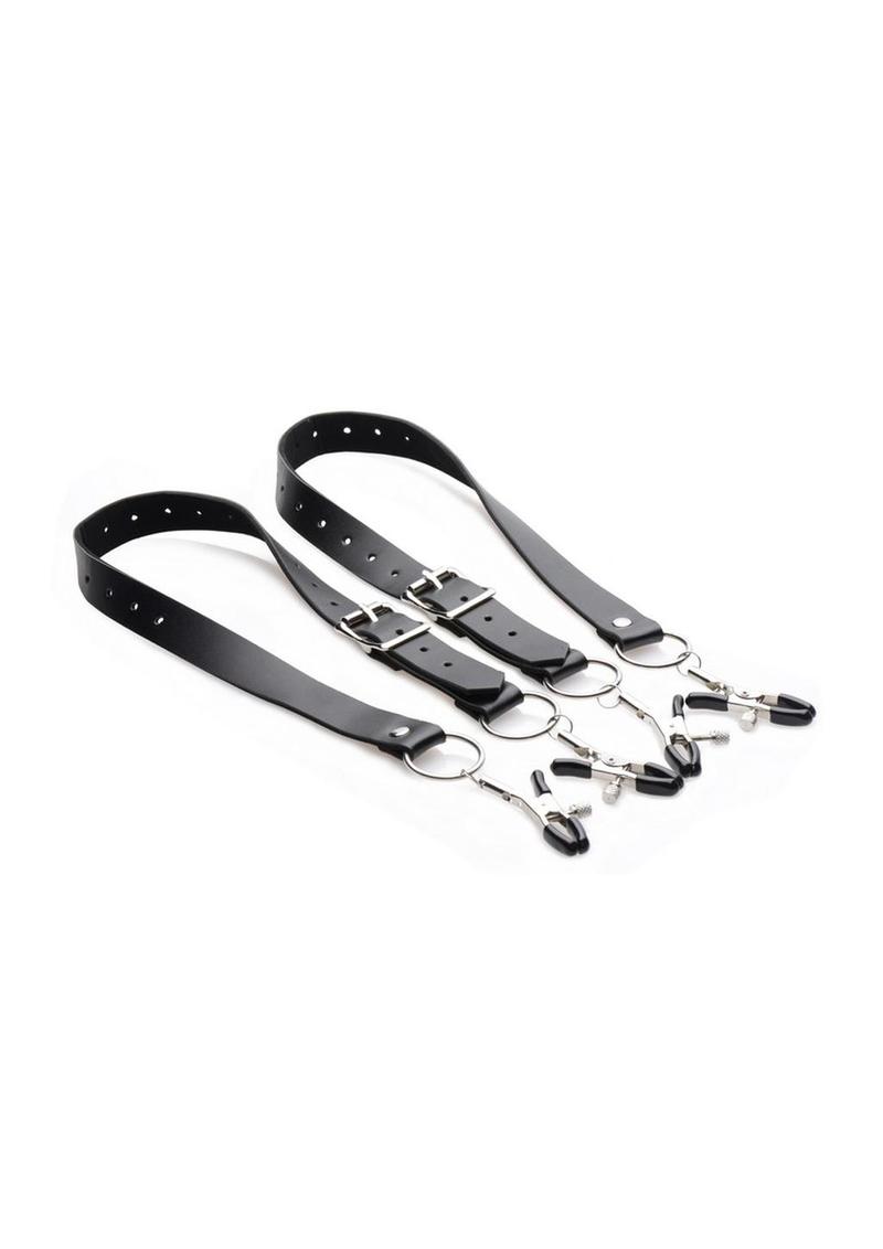 Master Series Spread Labia Spreader Straps with Clitoral Clamps - Black