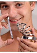 Master Series Stainless Steel Chastity Cage with Silicone Urethral Plug