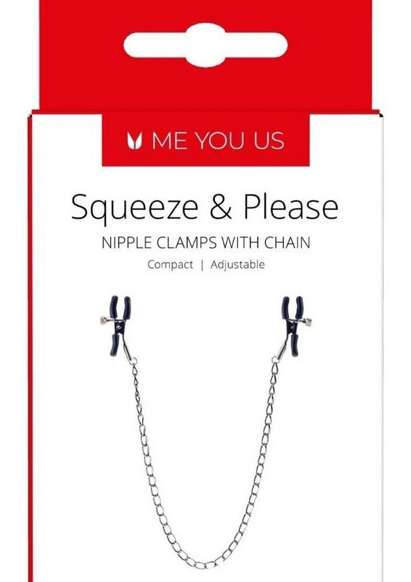 ME YOU US Squeeze and Please Adjustable Nipple Clamps with Chain - Metal/Silver