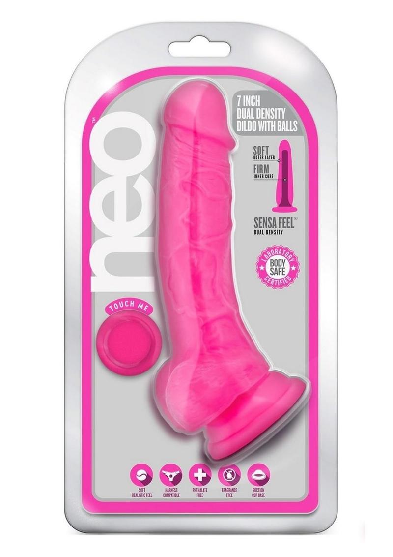 Neo Dual Density Dildo with Balls - Neon Pink/Pink - 7.5in