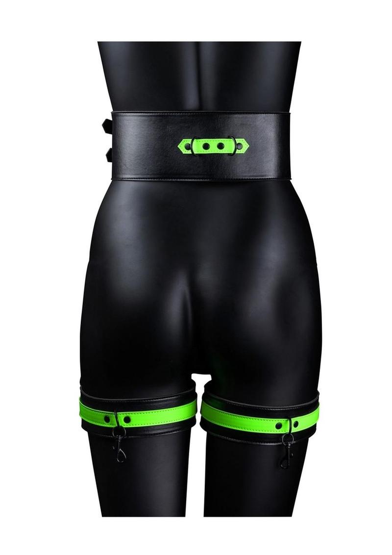 Ouch! Thigh Cuffs with Belt and Handcuffs - Glow In The Dark/Green - Medium/Small