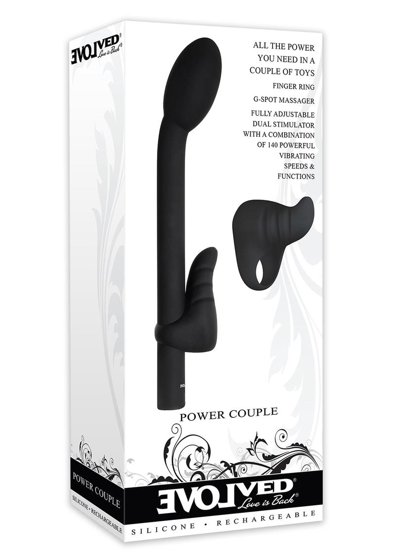 Power Couple Rechargeable Silicone G-Spot Vibrator with Clitoral Stimulator and Finger Ring - Black