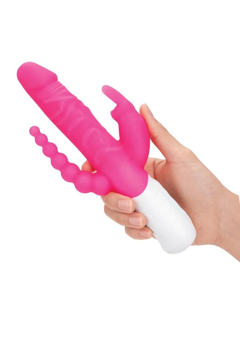 Rabbit Essentials Silicone Rechargeable Slim Realistic Double Penetration Rabbit Vibrator - Hot Pink/Pink