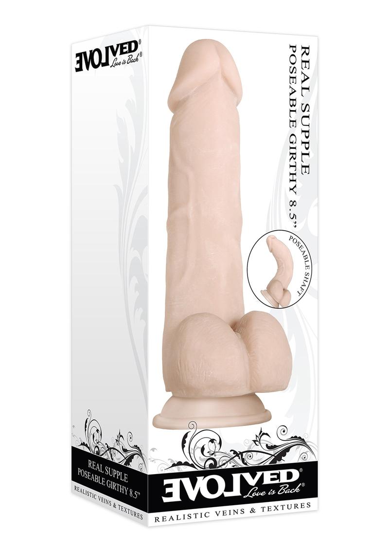 Real Supple Girthy Poseable Dildo with Balls - Flesh/Vanilla - 8.5in