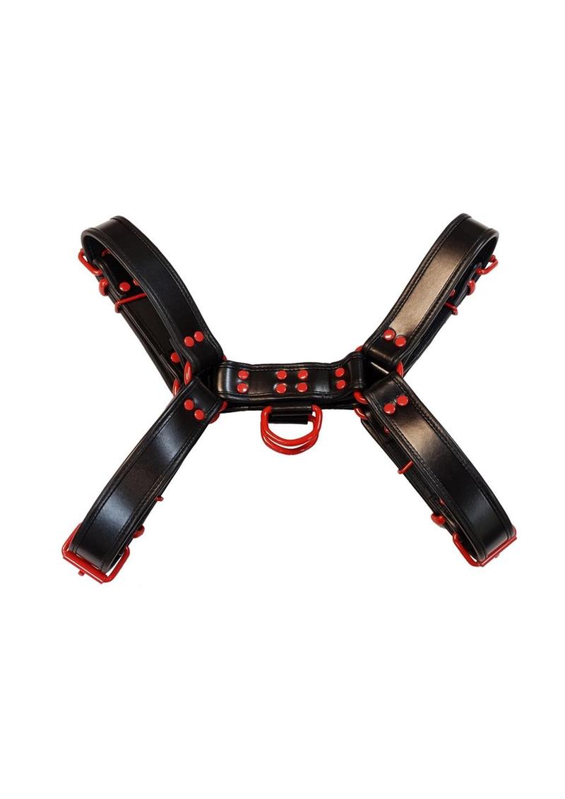 Rouge Leather Over The Head Harness Black with Red Accessories - Black/Red - Medium