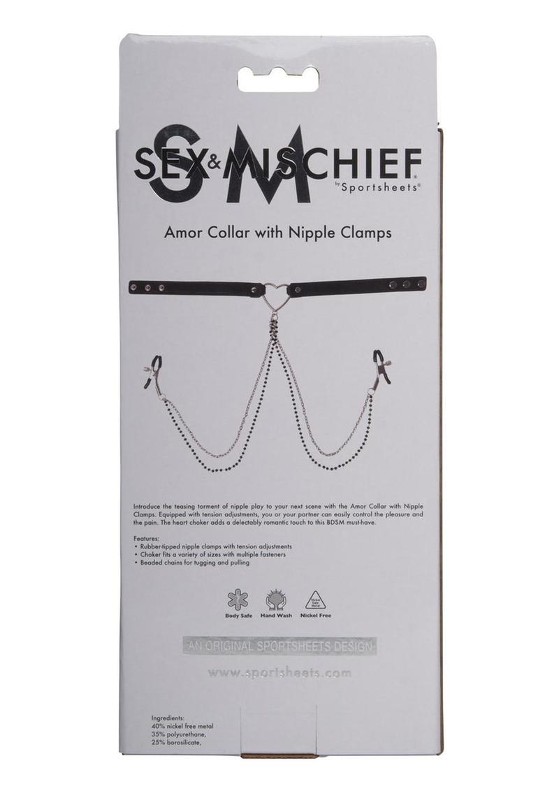 Sex and Mischief Amor Collar with Nipple Clamps - Black/Silver