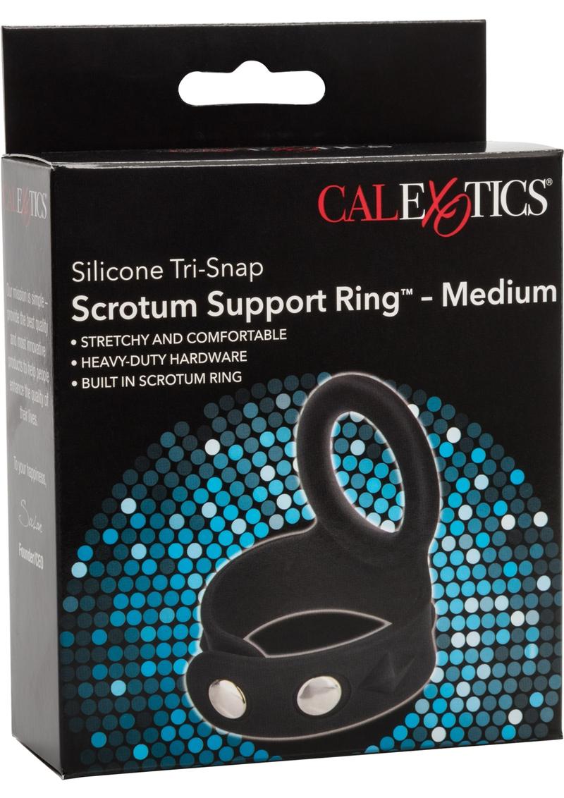 Silicone Tri-Snap Scrotum Support Cock Ring - Black - Medium