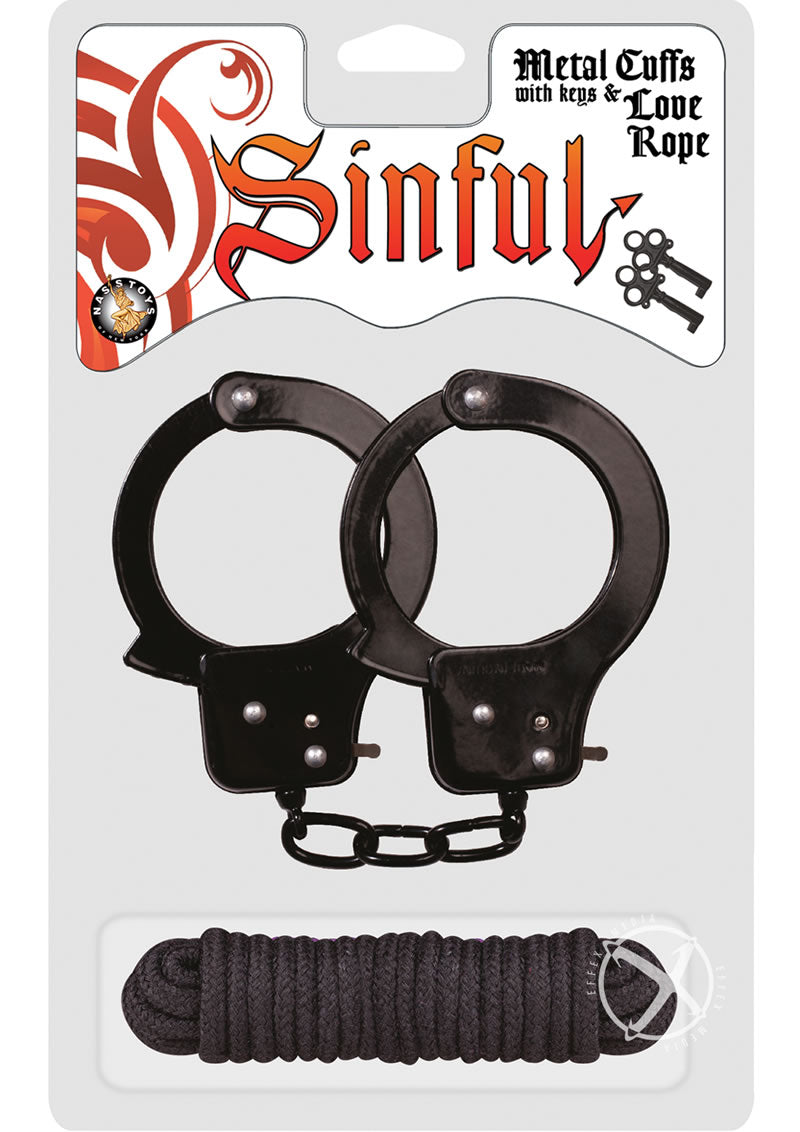 Sinful Metal Cuffs with Keys and Love Rope - Black/Metal