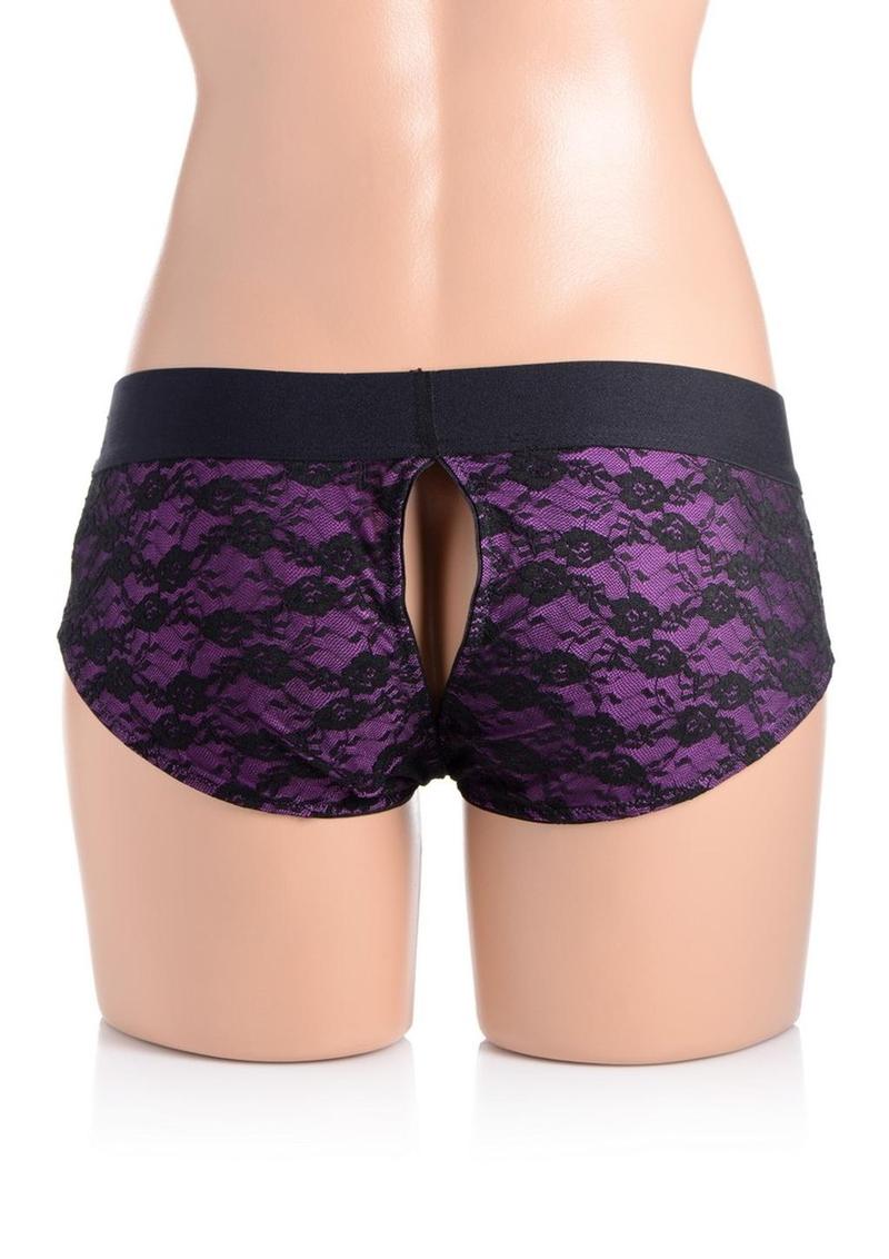 Strap U Lace Envy Lace Crotchless Panty Harness - Black/Purple - Large/XLarge