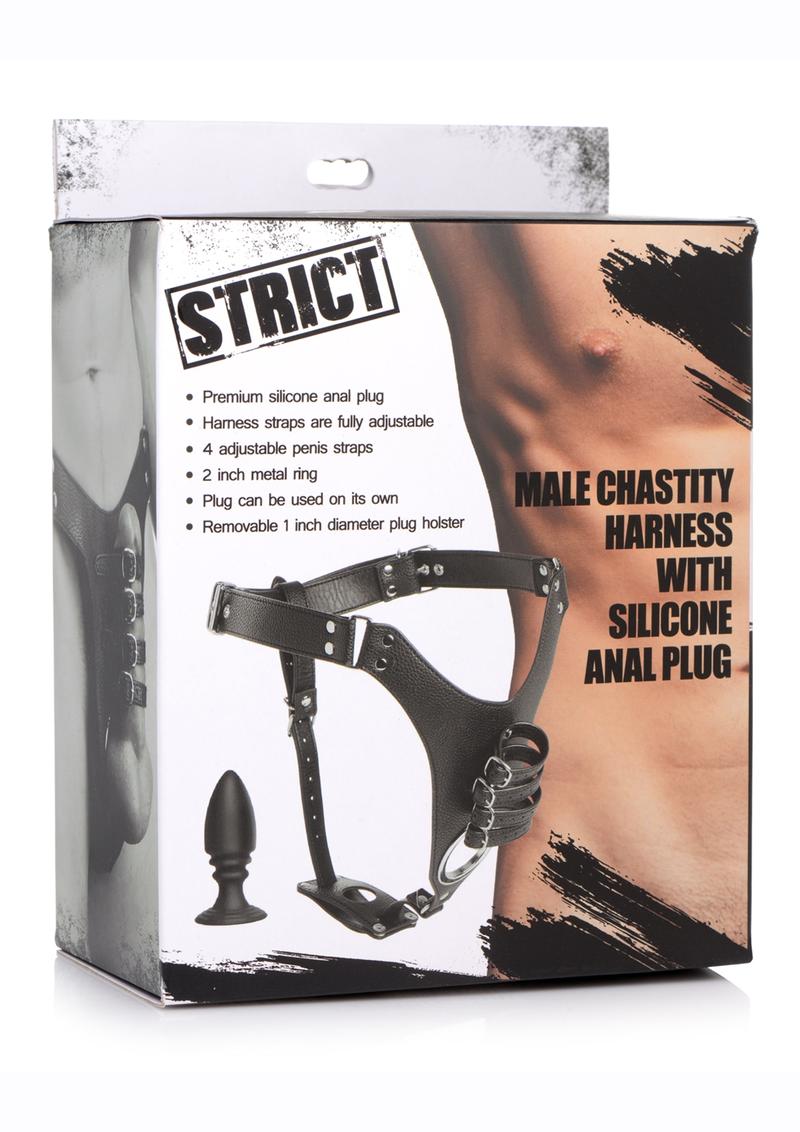 Strict Male Chastity Harness with Silicone Anal Plug - Black