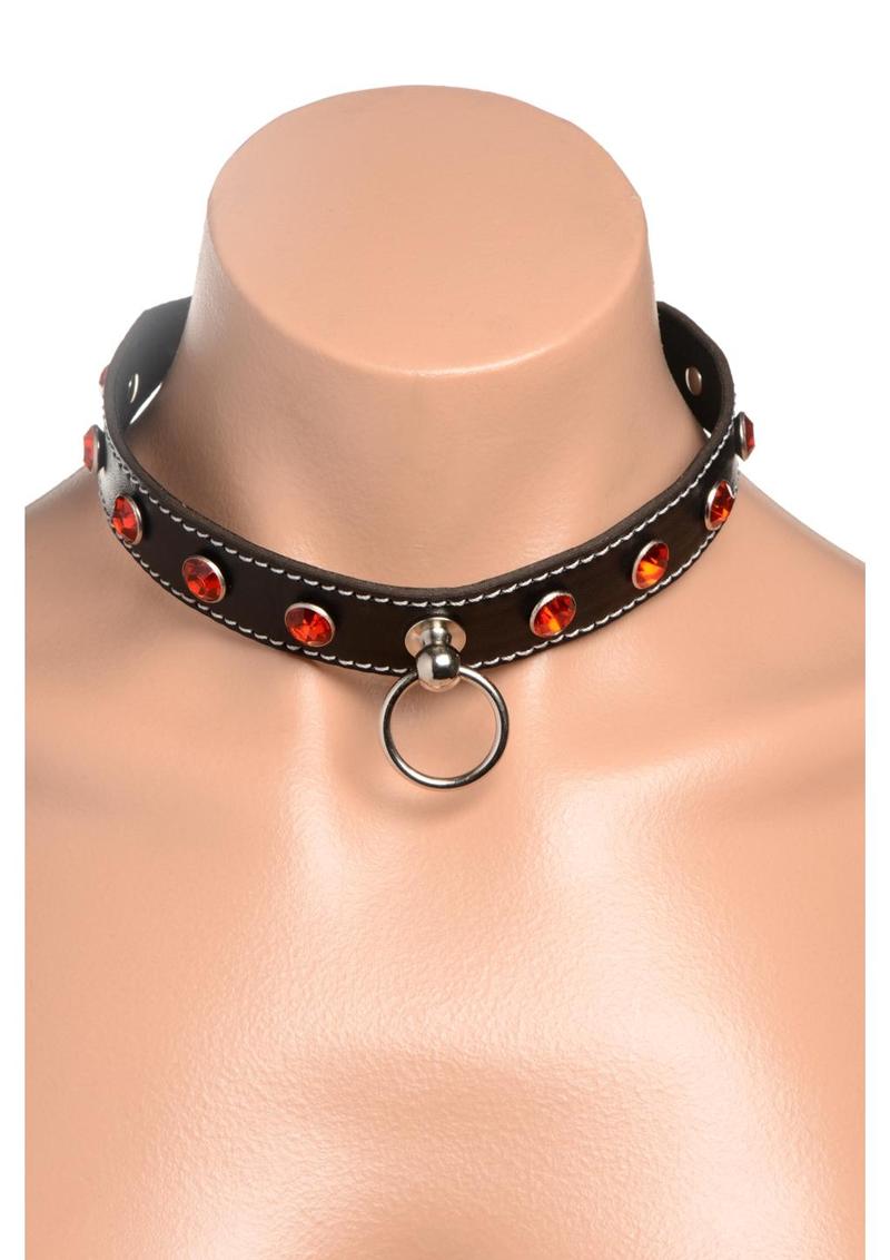 Strict Rhinestone Choker with O-Ring - Black/Red