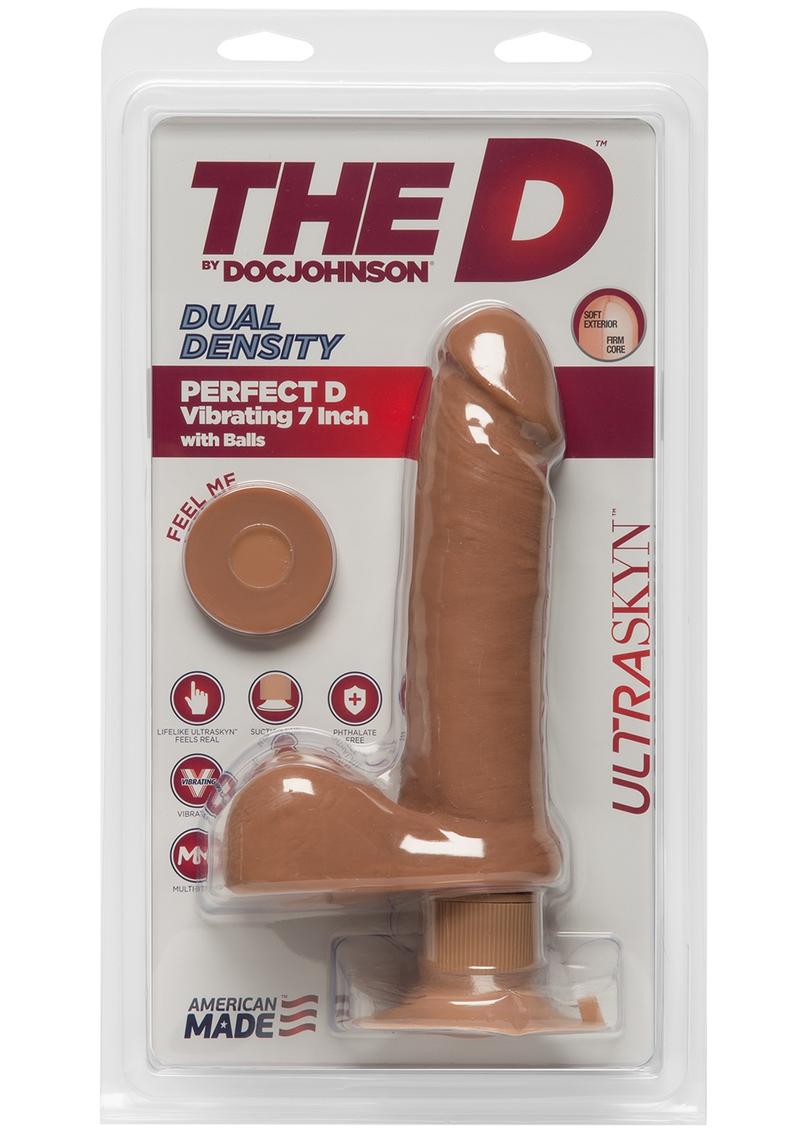 The D Perfect D Ultraskyn Vibrating Dildo with Balls - Brown/Caramel - 7in