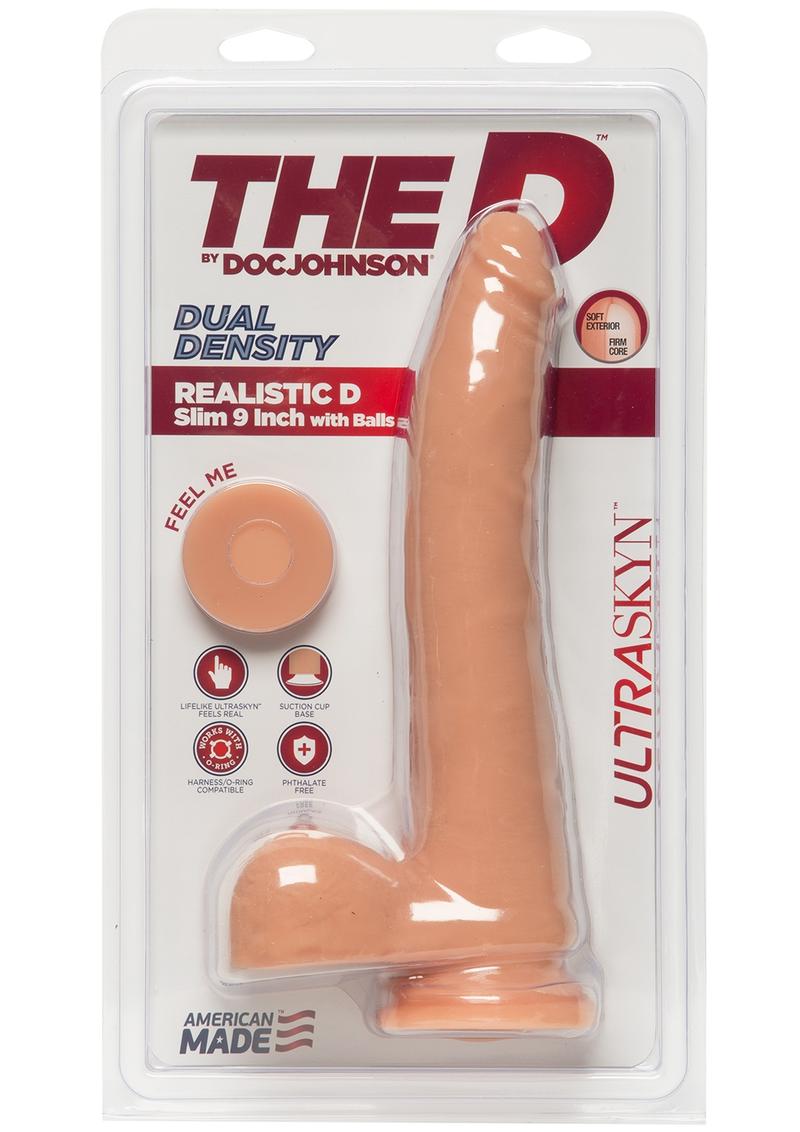 The D Realistic D Ultraskyn Slim Dildo with Balls - Flesh/Vanilla - 9in