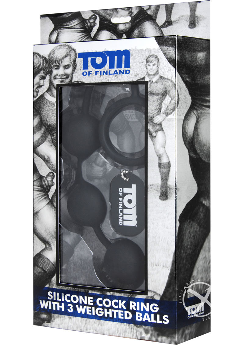 Tom Of Finland Silicone Cock Ring with 3 Weighted Balls - Black